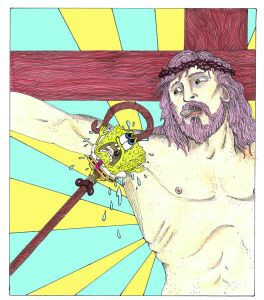 Spongebob being lifted to Jesus